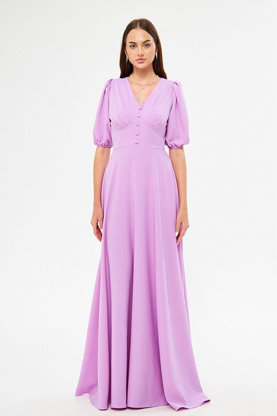 Bidoluelbise Balloon Sleeve V-neck Corsage Belt Detail Ornamental Buttoned Chest Pleated Woven Draped Fabric Maxi Length Dress
