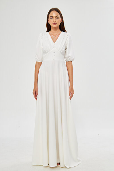 Bidoluelbise Μπαλόνι μανίκι V-λαιμόκοψη λεπτομέρεια ζώνη κορσάζ Διακοσμητικό στήθος με πλισέ υφαντό ντραπέ Φόρεμα μήκους