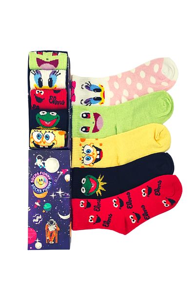 Bonapart 5 чифта цветни колежански чорапи Elmo Sponge Bob Smile в специална кутия
