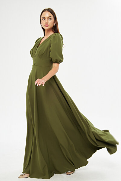 Bidoluelbise Balon Kol V Yaka Korsaj Kemer Detay Süs Düğmeli Göğüs Pileli Dokuma Dökümlü Kumaş Maxi Boy Elbise