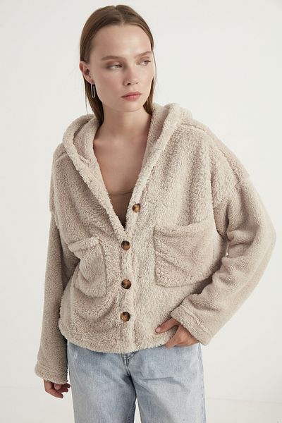 MEECY Cremefarbene Strickjacke aus Plüsch mit Kapuze und zwei Taschen für Damen