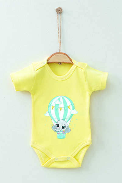 ADABEBEK 100% Cotton Organic Flying Balloon Patterned Short Sleeve Bodysuit Baby Bodysuit
