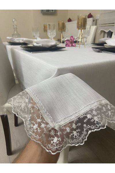 Zeren Home Față de masă cu aspect de in cu sclipici alb - Detaliu din dantelă, fără cârpă + 12 șervețele