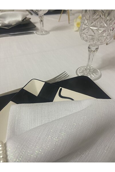 Zeren Home White Glittered Linen Look Tablecloth - Lace Detailed, Classless + 12 Napkins