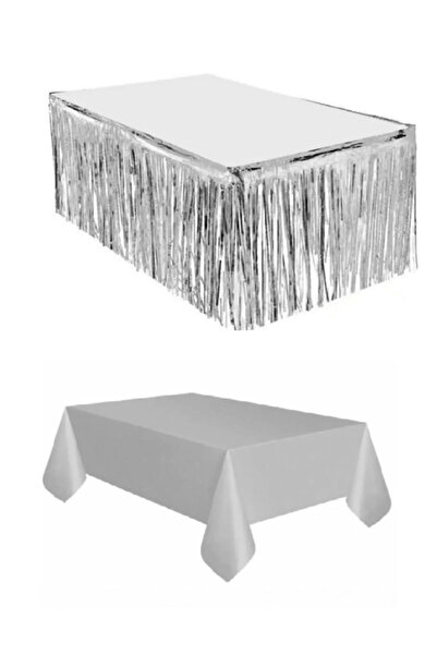 Party Fantasy مفرش طاولة بلاستيكي فضي - تنورة طاولة فضية معدنية مع شرابات