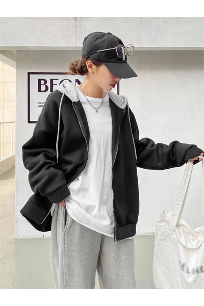 Machetta Unisex Black Hooded Gray Unprinted 3 thread Oversize Fleece Jacket - Cardigan