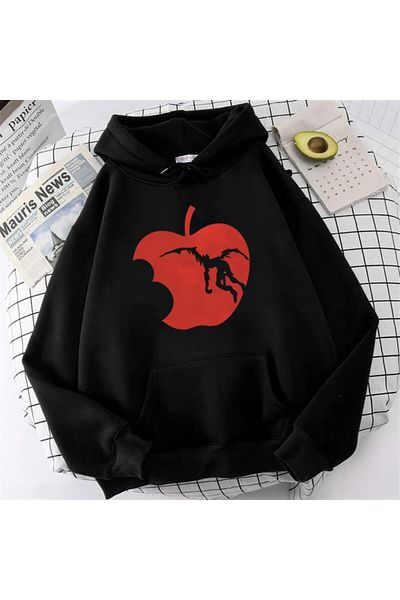 Touz Blunt Blunt Death Note Apple Printed Black Unisex Oversize Hooded Sweatshirt
