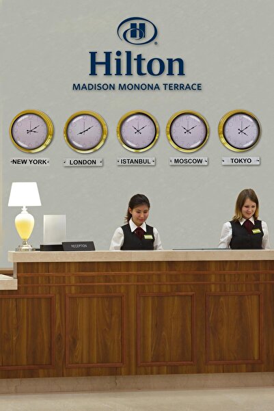 Platin Saat 40 cm Gold Metal White Dial 5 Piece Set Hotel World Clock with Signs