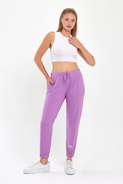 COMEOR بنطال رياضي محبوك أساسي بتفاصيل ملصقات أرجوانية للسيدات