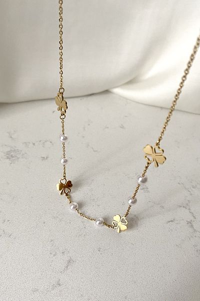 SilverStone Women's Pearl Clover Gold Color Clover Steel Necklace