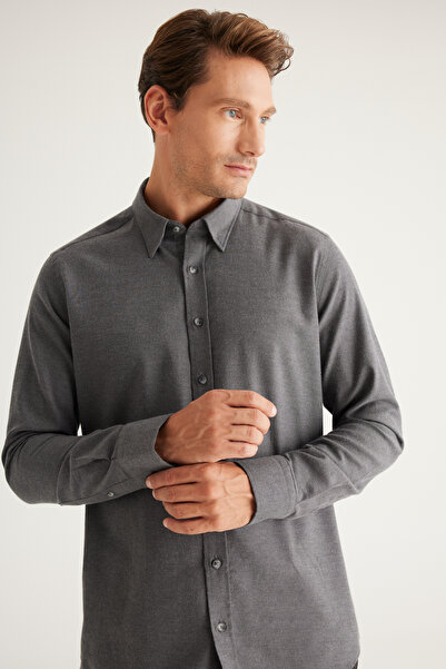 ALTINYILDIZ CLASSICS Férfi antracit vékony szabású, keskeny szabású rejtett gombos gallér 100% pamut ing