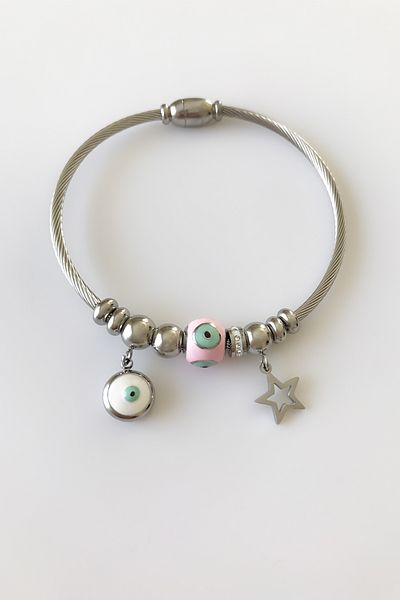 SilverStone Women's Evil Eye Beaded Starry Silver Color Star Steel Bracelet