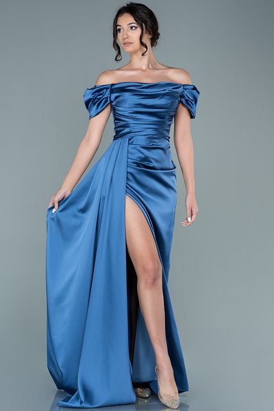 Abiyefon Long Satin Indigo Evening Dress - Leg Cut, Boat Neck Dress Abu1606