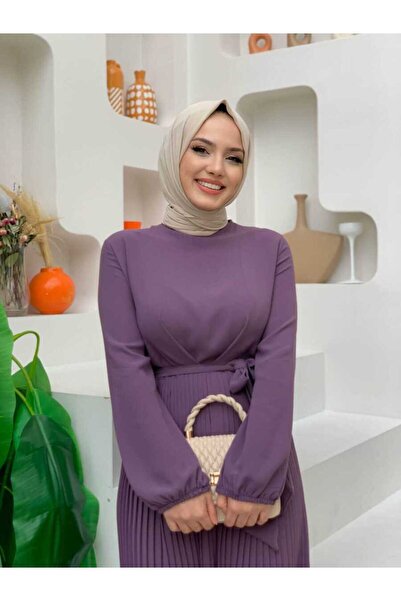 Bym Fashion Skirt Pleated Detailed Waist Belted Sleeve Cuffs Elastic Jumpsuit 3704 Purple