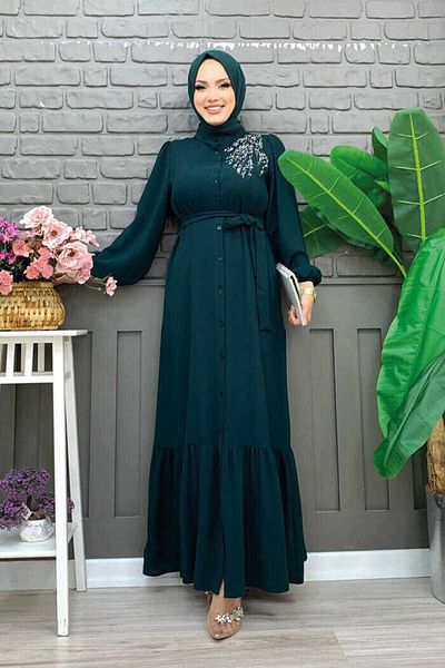 Bym Fashion Λεπτομερές φόρεμα Ferace 3840 Emerald με κέντημα ώμου με κουμπιά