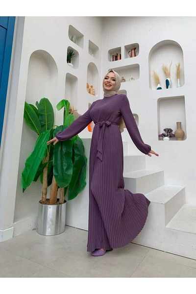 Bym Fashion تنورة مطوية مفصلة الخصر مربوطة الأصفاد أكمام بذلة مرنة 3704 أرجواني