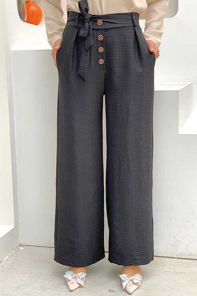 Bym Fashion Button Detailed Waist Tied Pocket Loose Trousers 0275 Black