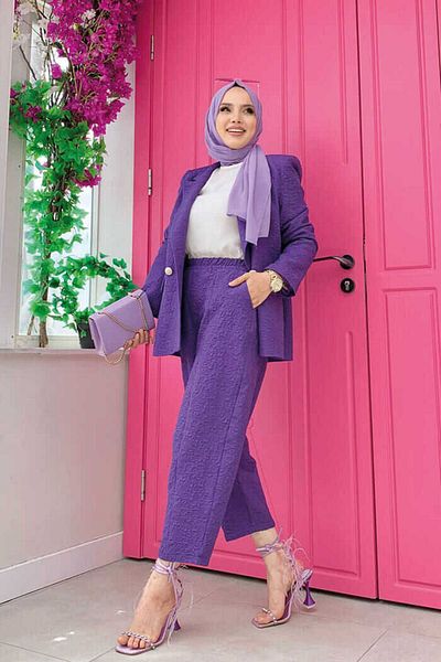 Bym Fashion Embossed Patterned Ceker Trousers Set 8457 Purple