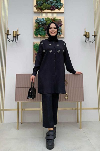 Bym Fashion Πέτρινο Κουμπωτό τουνίκ και Παντελόνι Διπλό Κοστούμι 8404 Μαύρο