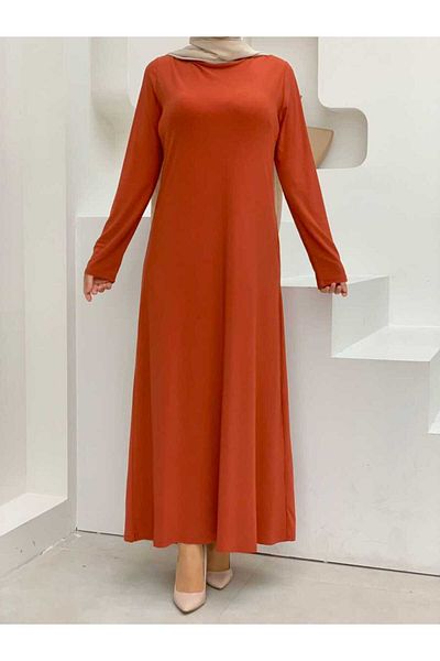 Bym Fashion Plus Size Απλό Πλήρωμα Λαιμόκοψη Μακρυμάνικο Εσωτερικό Αμμώδες Φόρεμα 3202-1 Πλακάκι