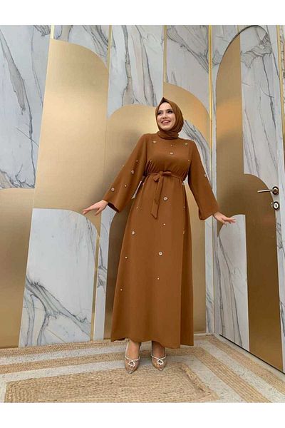 Bym Fashion Πέτρινο φόρεμα με ζωσμένη μέση 3797 μαύρισμα