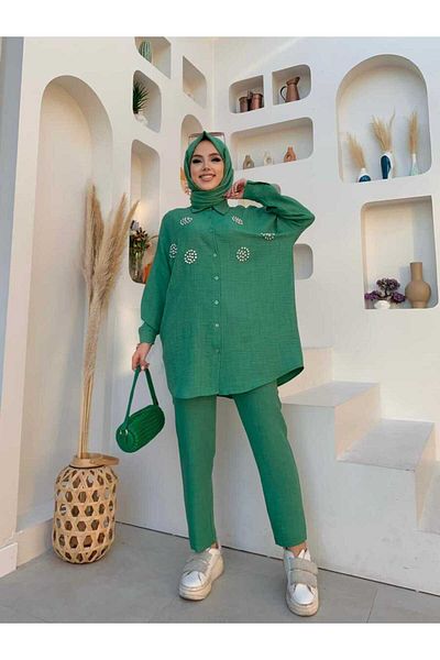 Bym Fashion Σετ Λεπτομερές Πέτρινο Τονίκ και Παντελόνι με Κουμπιά 8403 Emerald