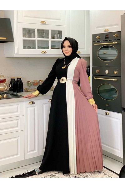 Bym Fashion Τρίχρωμη ζώνη μέσης πιέτες λεπτομέρειας φόρεμα 3622 πούδρα