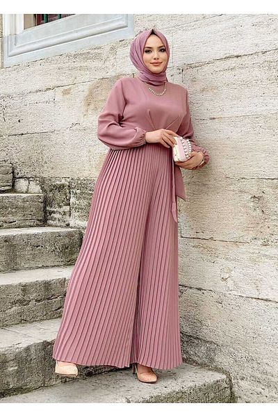 Bym Fashion Skirt Pleated Detailed Waist Belted Sleeve Cuffs Elastic Jumpsuit 3704 Powder