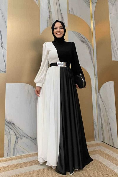 Bym Fashion Dvoubarevné večerní šaty z šifonu do pasu 3806 Černá