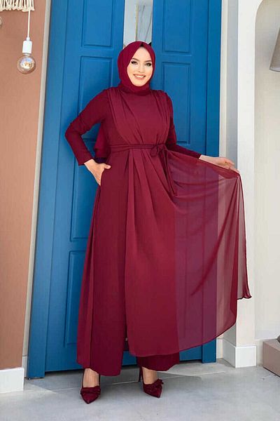 Bym Fashion Chiffon Cloak Detail Waist Belted Jumpsuit 3330 Claret Red