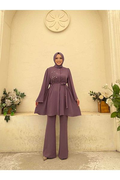 Bym Fashion Stone Embroidery Detailed Belted Tunic and Trousers Suit 8432 Lilac