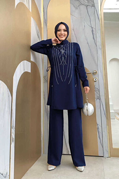 Bym Fashion Σετ Παντελόνι Τουνίκ με μοτίβο Stone Print 8447 Navy Blue