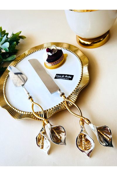 CASA DE BELLA Gold 2 Piece Floral Figured Spatula Knife Cake Set