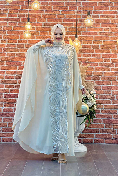 Bym Fashion Šifonové flitrové vyšívané plášťové šaty Set večerních šatů 3775 Ecru