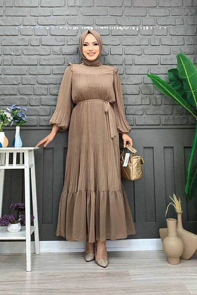 Bym Fashion Chiffonkleid mit plissiertem Rüschen-Look und Taillengürtel 3628 Nerz