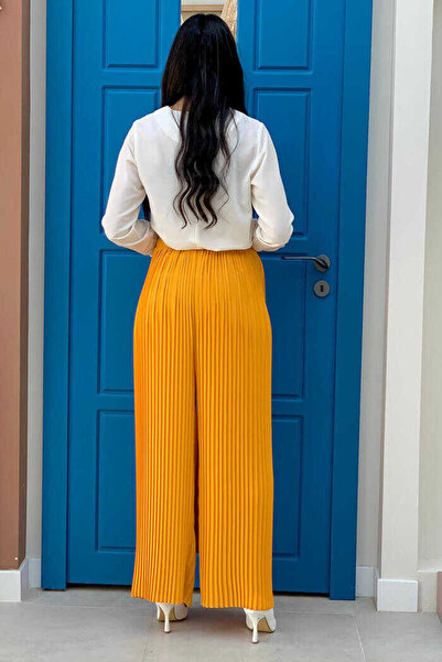 Bym Fashion Waist Elastic Lacing Look Pleated Trousers 0129 Mustard