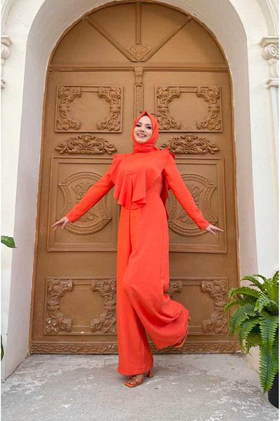 Bym Fashion Schulterteil-Rüschenumhang, detaillierter Overall mit Reißverschluss hinten 3780 Orange
