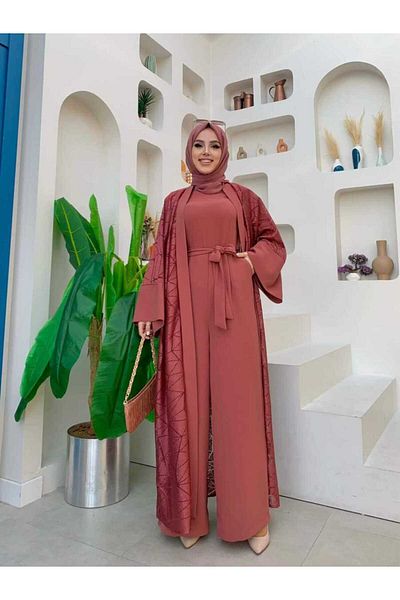 Bym Fashion Δαντελένια φόρμα Abaya με ζώνη μέσης με λεπτομέρεια τσέπης 3782 Dusty Rose