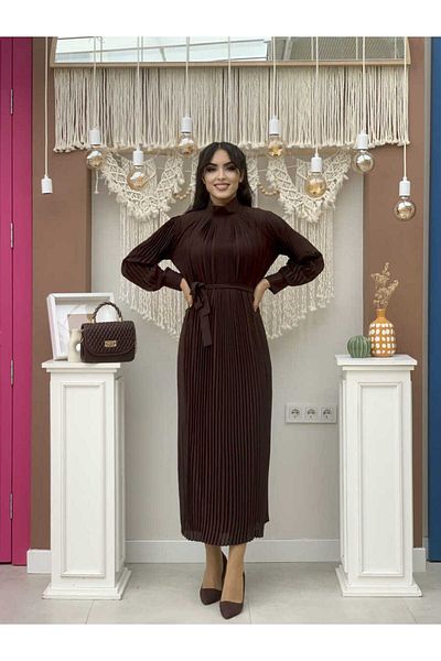 Bym Fashion Λεπτομερές φόρεμα με πλισέ μέση 3403 καφέ