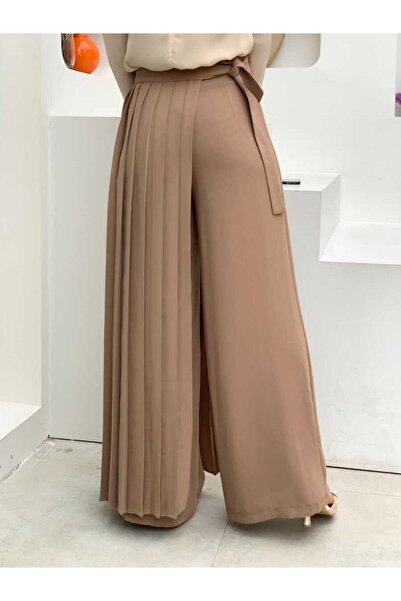 Bym Fashion Piliseli Ayrı Bağlamalı Parça Detaylı Pantolon Etek 0274 Vizon