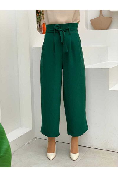 Bym Fashion Zippered Waist Lace-up Trousers 0174 Emerald