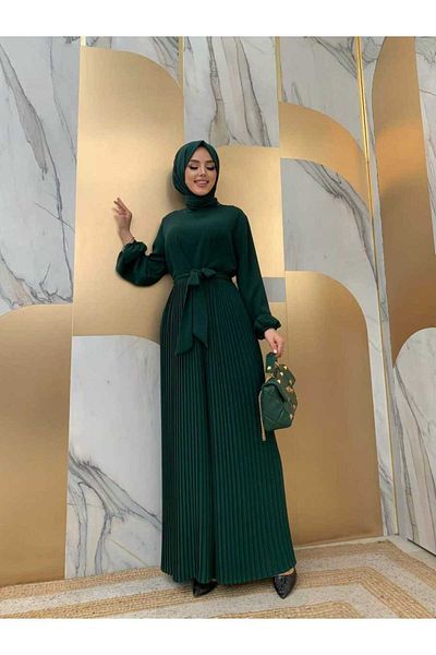 Bym Fashion Rock, plissiert, detaillierte Taille, Gürtel, Ärmelbündchen, elastischer Overall 3704 Smaragd