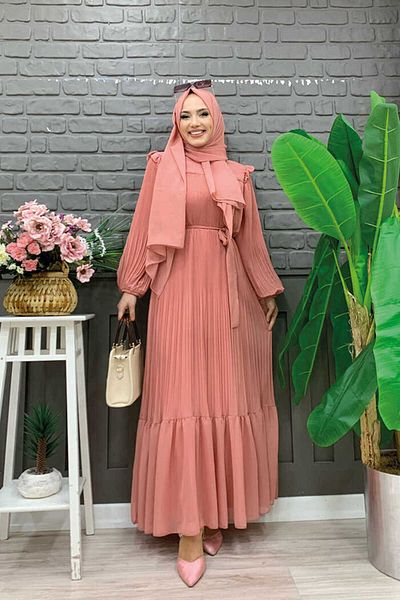 Bym Fashion Φόρεμα σιφόν με πλισέ λουκ 3628 σομόν