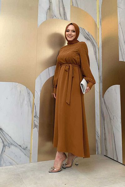 Bym Fashion Πέτρινο Κεντητό Φόρεμα Ζώνη 3830 Ταν