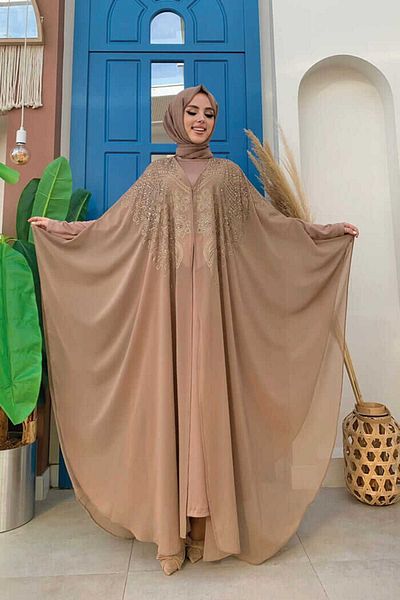 Bym Fashion Σετ Βραδινού Φόρεμα Φόρεμα Σιφόν Κάπα Κεντητό Πέτρα 3651 Mink