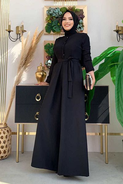 Bym Fashion بذلة بحزام الخصر مع تفاصيل أزرار مخفية على الصدر 3676 أسود