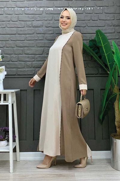 Bym Fashion Φόρεμα δίχρωμο με στάμπα πέτρας 3848 Mink