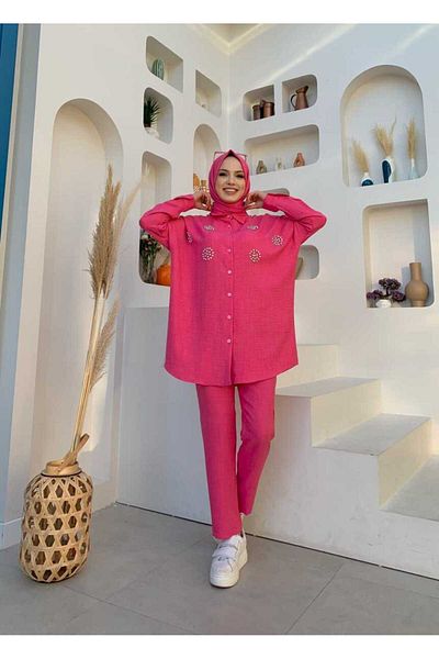 Bym Fashion Σετ Πέτρινο Τονίκ και Παντελόνι με κουμπιά 8403 Φούξια