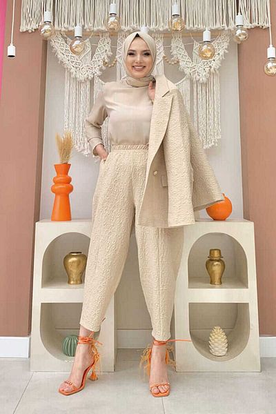 Bym Fashion Σετ παντελόνι με ανάγλυφο σχέδιο 8457 Πέτρα