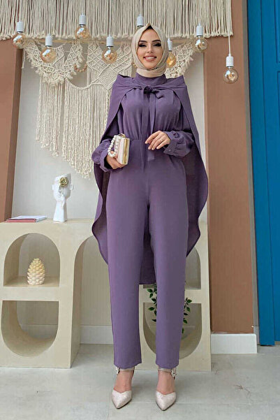 Bym Fashion Piece Detailed Shoulders Fold Detail Waist Belted Jumpsuit 3742 Lilac